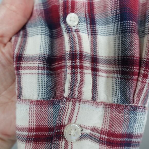 Horny Toad Flannel Tunic Top Sz S Red Cream Plaid Gathered Back Shirt Pockets LS - Picture 9 of 14